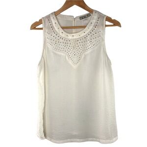 Chloe K cream laser cut sleeveless blouse w/gold